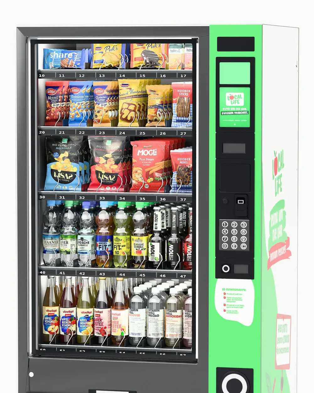 Warenraum des Warenautomaten mit Snacks und Getränken