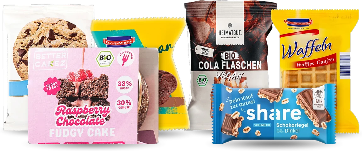 Gebäck und Riegel von Kuchenmeister, Huober, share und Falcone